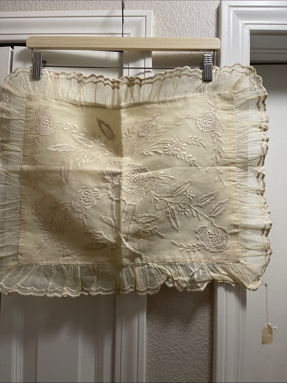 Embroidered Ruffled Accent Pillow in Ivory